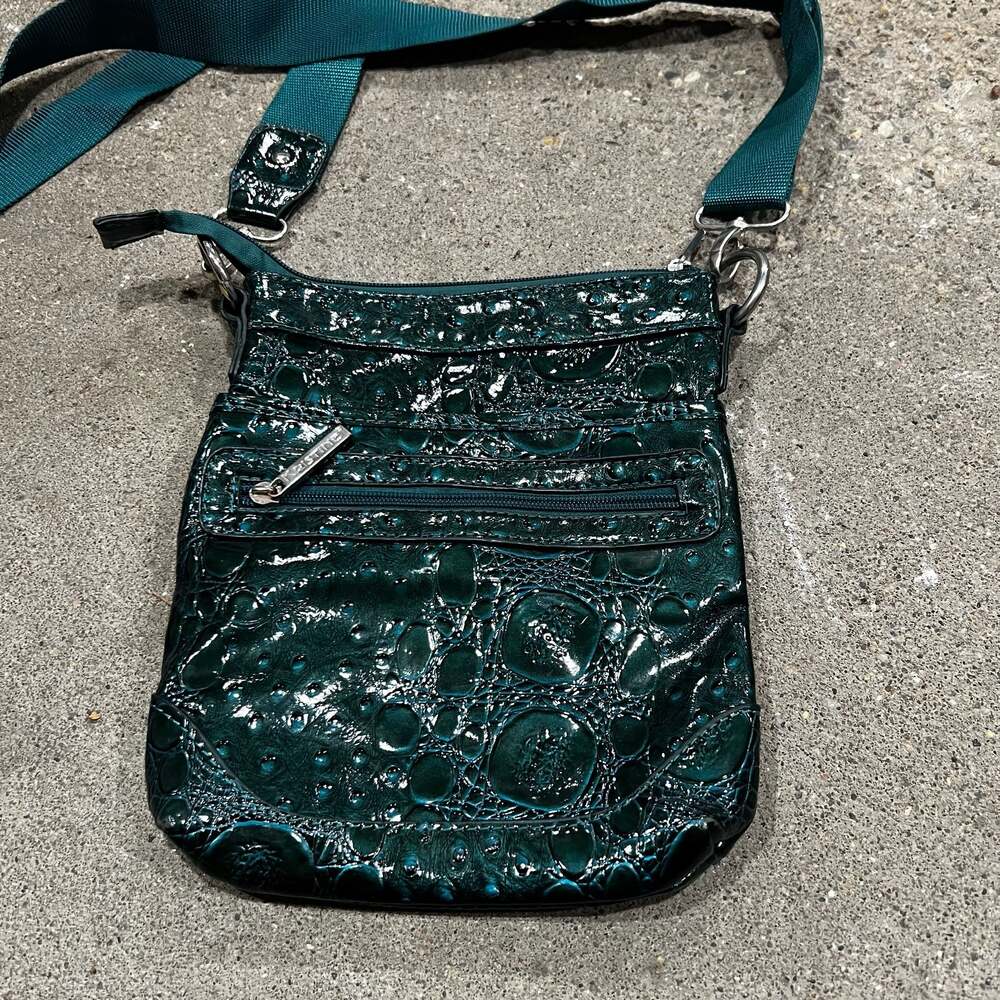 Kristine Faux Crocodile Patent Leather Crossbody Messenger Bag in Teal Green